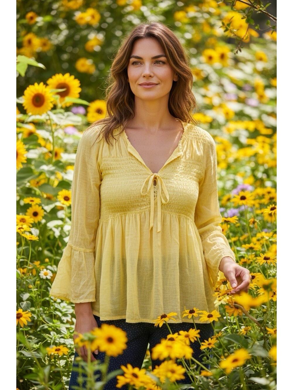 Vintage Y2K LOLA Women's S Yellow Smocked Bust Ribbon Bow Flared Bell Sleeve Top